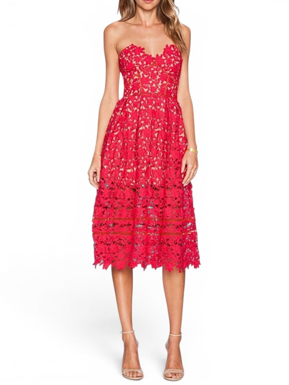 Self Portrait Azalea Red Guipure Lace Midi Dress Strapless Evening Party Event S